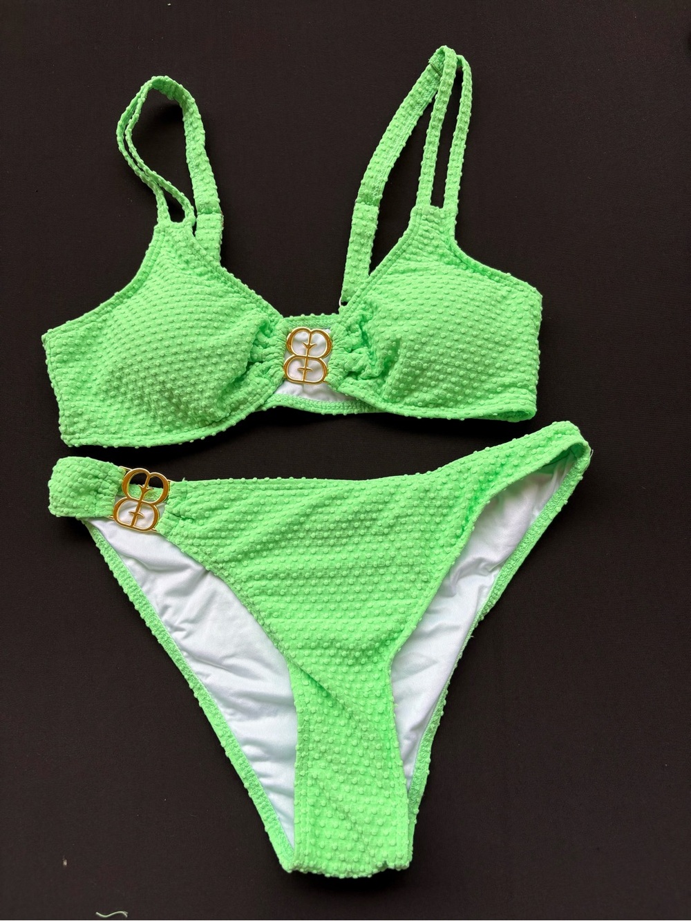 Neon Green Textured Bikini Set with Gold Buckle Accents